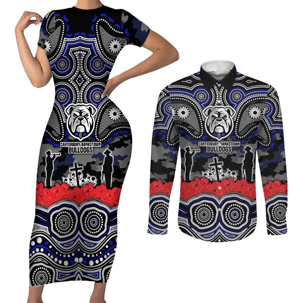 ANZAC Day Canterbury Bankstown Bulldogs Couples Matching Short Sleeve Bodycon Dress and Long Sleeve Button Shirt Military Memorial Aboriginal Indigenous Art