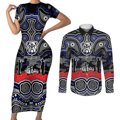 ANZAC Day Canterbury Bankstown Bulldogs Couples Matching Short Sleeve Bodycon Dress and Long Sleeve Button Shirt Military Memorial Aboriginal Indigenous Art