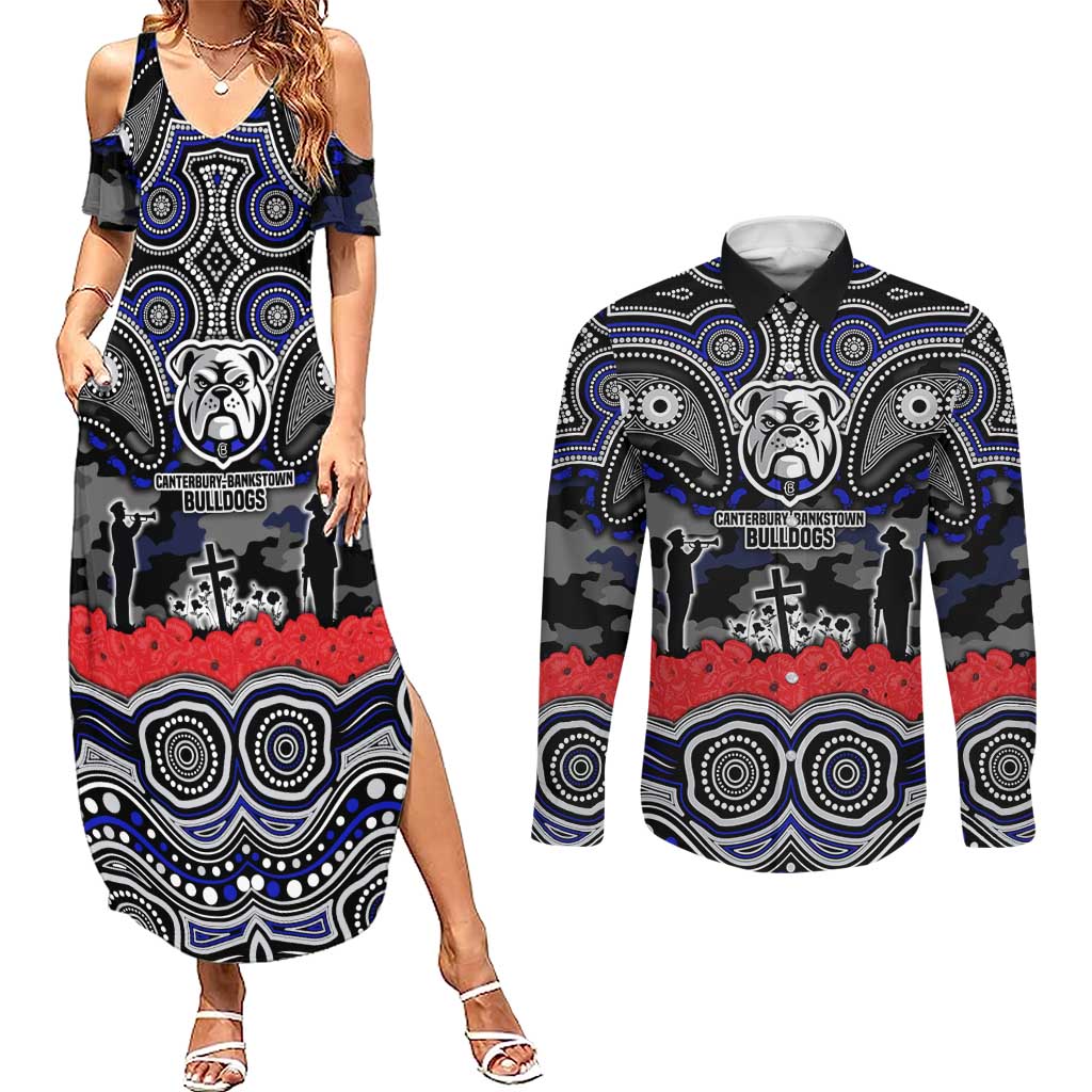 ANZAC Day Canterbury Bankstown Bulldogs Couples Matching Summer Maxi Dress and Long Sleeve Button Shirt Military Memorial Aboriginal Indigenous Art