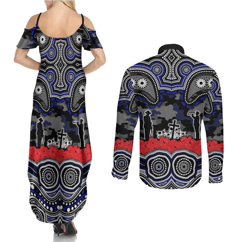 ANZAC Day Canterbury Bankstown Bulldogs Couples Matching Summer Maxi Dress and Long Sleeve Button Shirt Military Memorial Aboriginal Indigenous Art