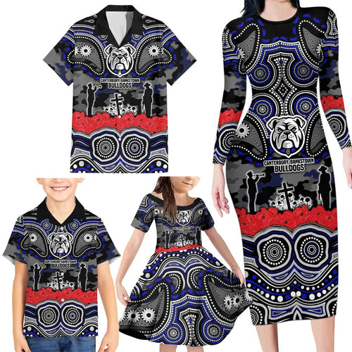 ANZAC Day Canterbury Bankstown Bulldogs Family Matching Long Sleeve Bodycon Dress and Hawaiian Shirt Military Memorial Aboriginal Indigenous Art