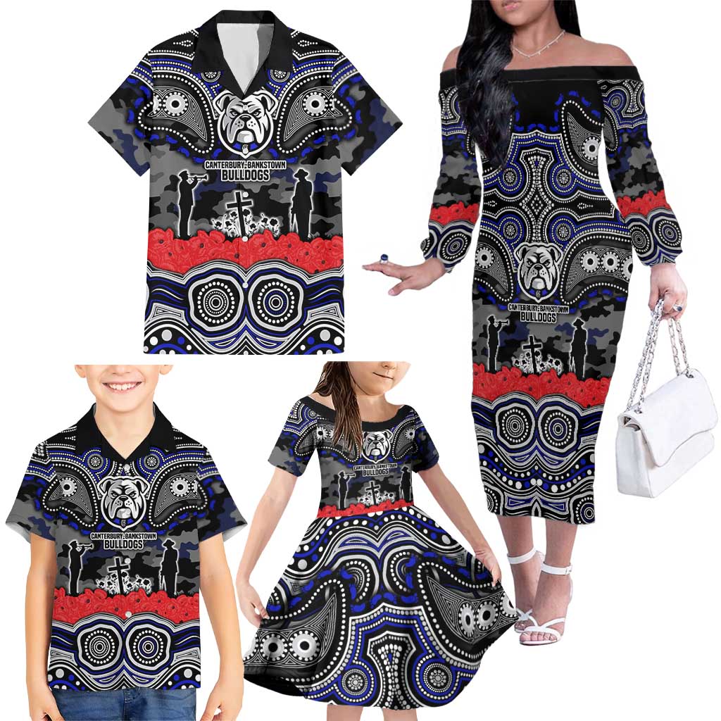 ANZAC Day Canterbury Bankstown Bulldogs Family Matching Off The Shoulder Long Sleeve Dress and Hawaiian Shirt Military Memorial Aboriginal Indigenous Art