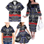 ANZAC Day Canterbury Bankstown Bulldogs Family Matching Off The Shoulder Long Sleeve Dress and Hawaiian Shirt Military Memorial Aboriginal Indigenous Art