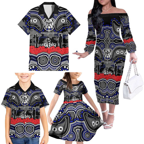 ANZAC Day Canterbury Bankstown Bulldogs Family Matching Off The Shoulder Long Sleeve Dress and Hawaiian Shirt Military Memorial Aboriginal Indigenous Art