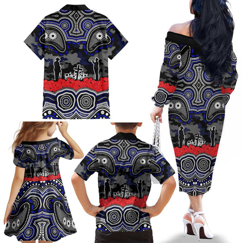ANZAC Day Canterbury Bankstown Bulldogs Family Matching Off The Shoulder Long Sleeve Dress and Hawaiian Shirt Military Memorial Aboriginal Indigenous Art