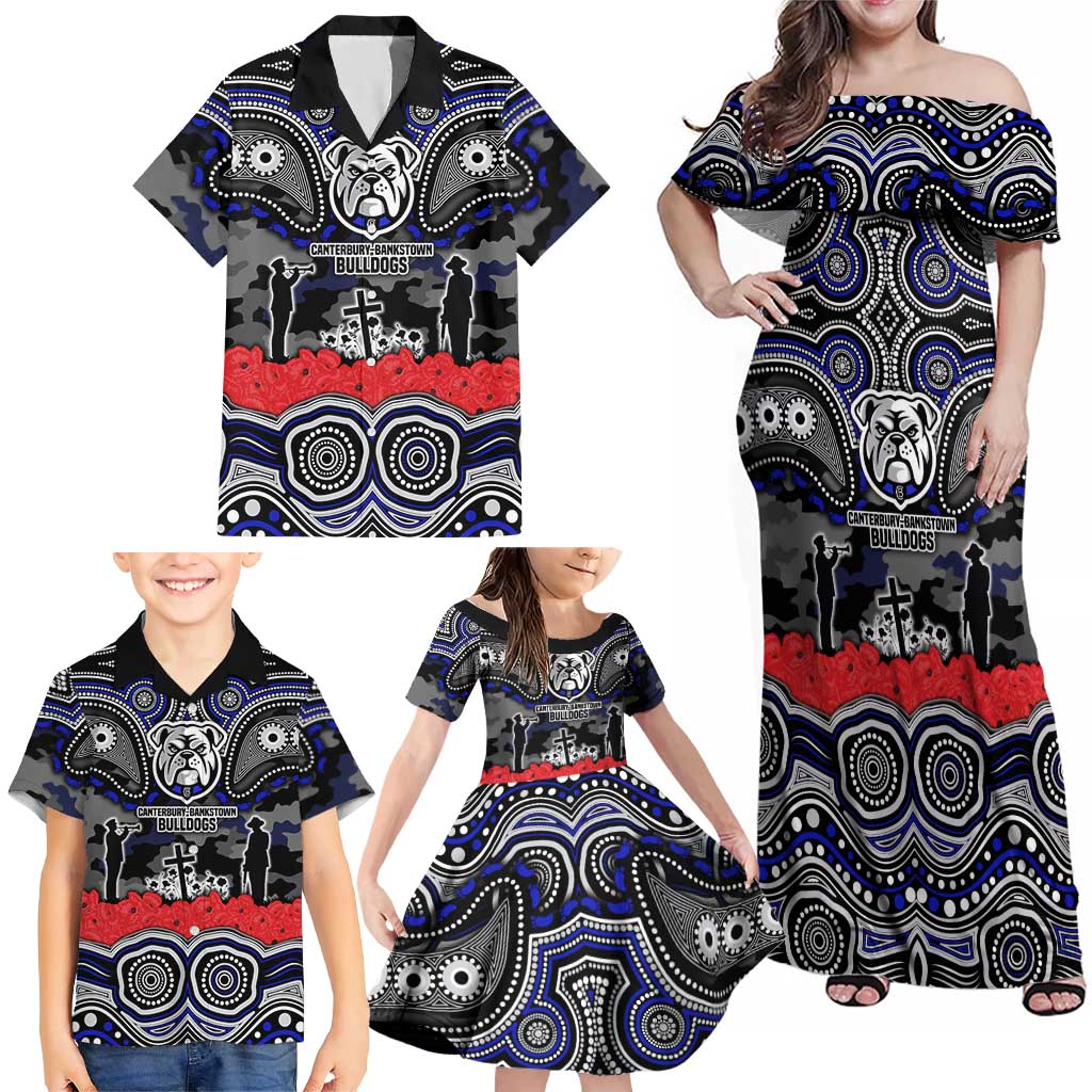 ANZAC Day Canterbury Bankstown Bulldogs Family Matching Off Shoulder Maxi Dress and Hawaiian Shirt Military Memorial Aboriginal Indigenous Art