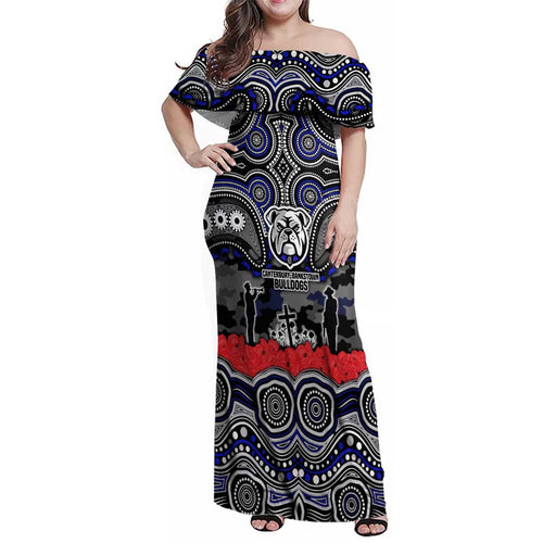 ANZAC Day Canterbury Bankstown Bulldogs Family Matching Off Shoulder Maxi Dress and Hawaiian Shirt Military Memorial Aboriginal Indigenous Art