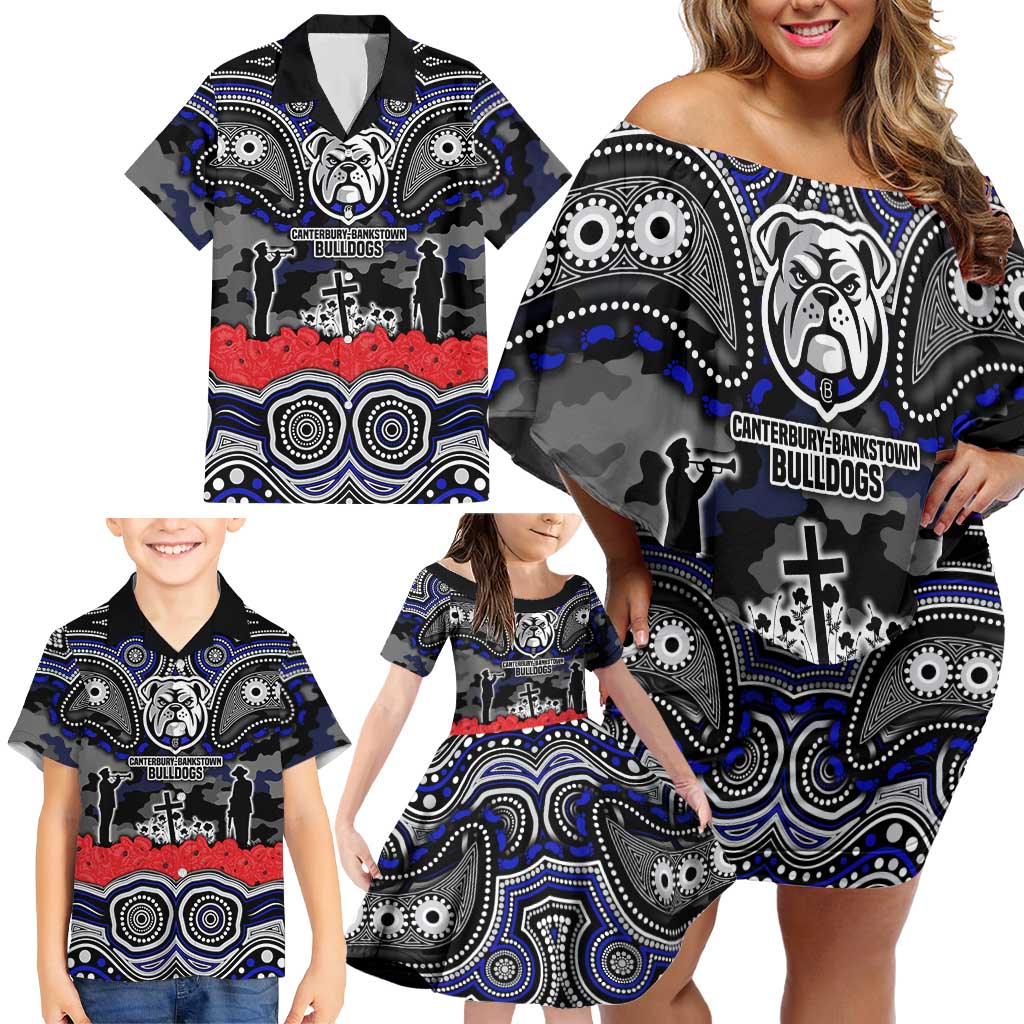 ANZAC Day Canterbury Bankstown Bulldogs Family Matching Off Shoulder Short Dress and Hawaiian Shirt Military Memorial Aboriginal Indigenous Art