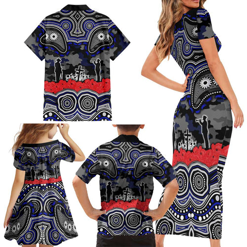 ANZAC Day Canterbury Bankstown Bulldogs Family Matching Short Sleeve Bodycon Dress and Hawaiian Shirt Military Memorial Aboriginal Indigenous Art