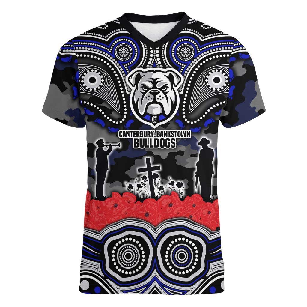 ANZAC Day Canterbury Bankstown Bulldogs Women V-Neck T-Shirt Military Memorial Aboriginal Indigenous Art