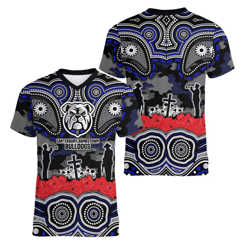 ANZAC Day Canterbury Bankstown Bulldogs Women V-Neck T-Shirt Military Memorial Aboriginal Indigenous Art
