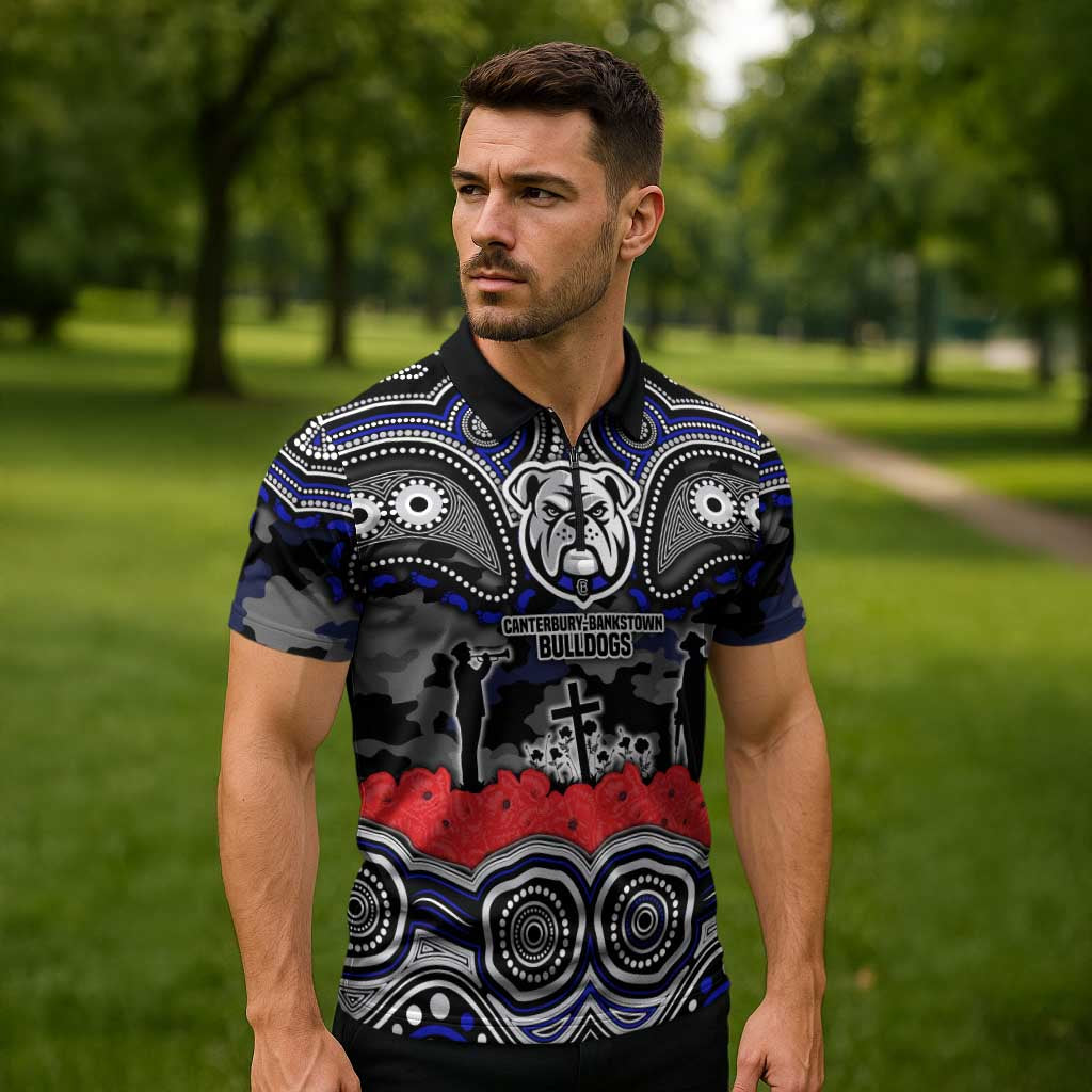 ANZAC Day Canterbury Bankstown Bulldogs Zipper Polo Shirt Military Memorial Aboriginal Indigenous Art