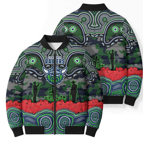 ANZAC Day Canberra Raiders Bomber Puffer Jacket Military Memorial Aboriginal Indigenous Art