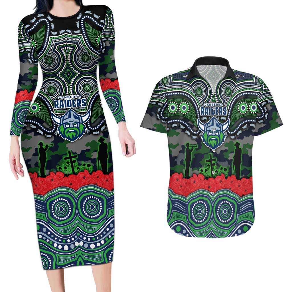 ANZAC Day Canberra Raiders Couples Matching Long Sleeve Bodycon Dress and Hawaiian Shirt Military Memorial Aboriginal Indigenous Art