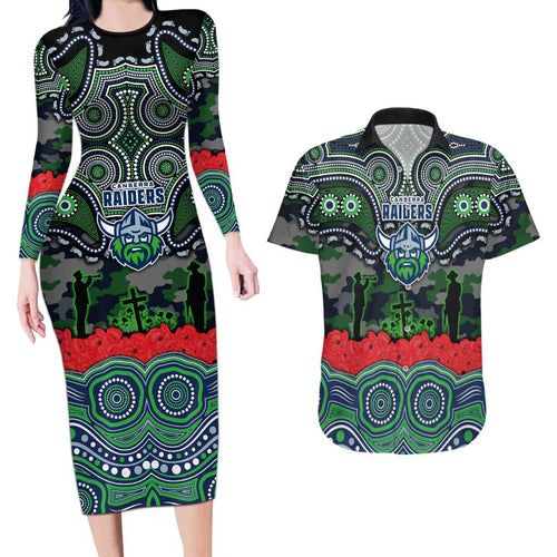 ANZAC Day Canberra Raiders Couples Matching Long Sleeve Bodycon Dress and Hawaiian Shirt Military Memorial Aboriginal Indigenous Art