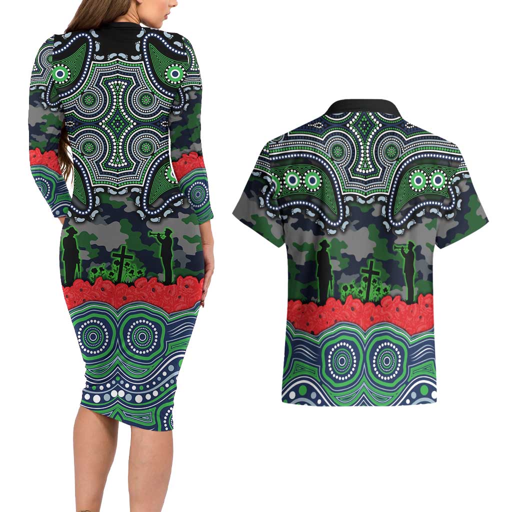 ANZAC Day Canberra Raiders Couples Matching Long Sleeve Bodycon Dress and Hawaiian Shirt Military Memorial Aboriginal Indigenous Art