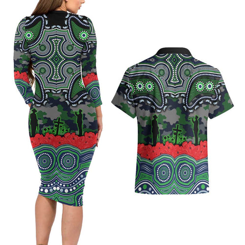 ANZAC Day Canberra Raiders Couples Matching Long Sleeve Bodycon Dress and Hawaiian Shirt Military Memorial Aboriginal Indigenous Art