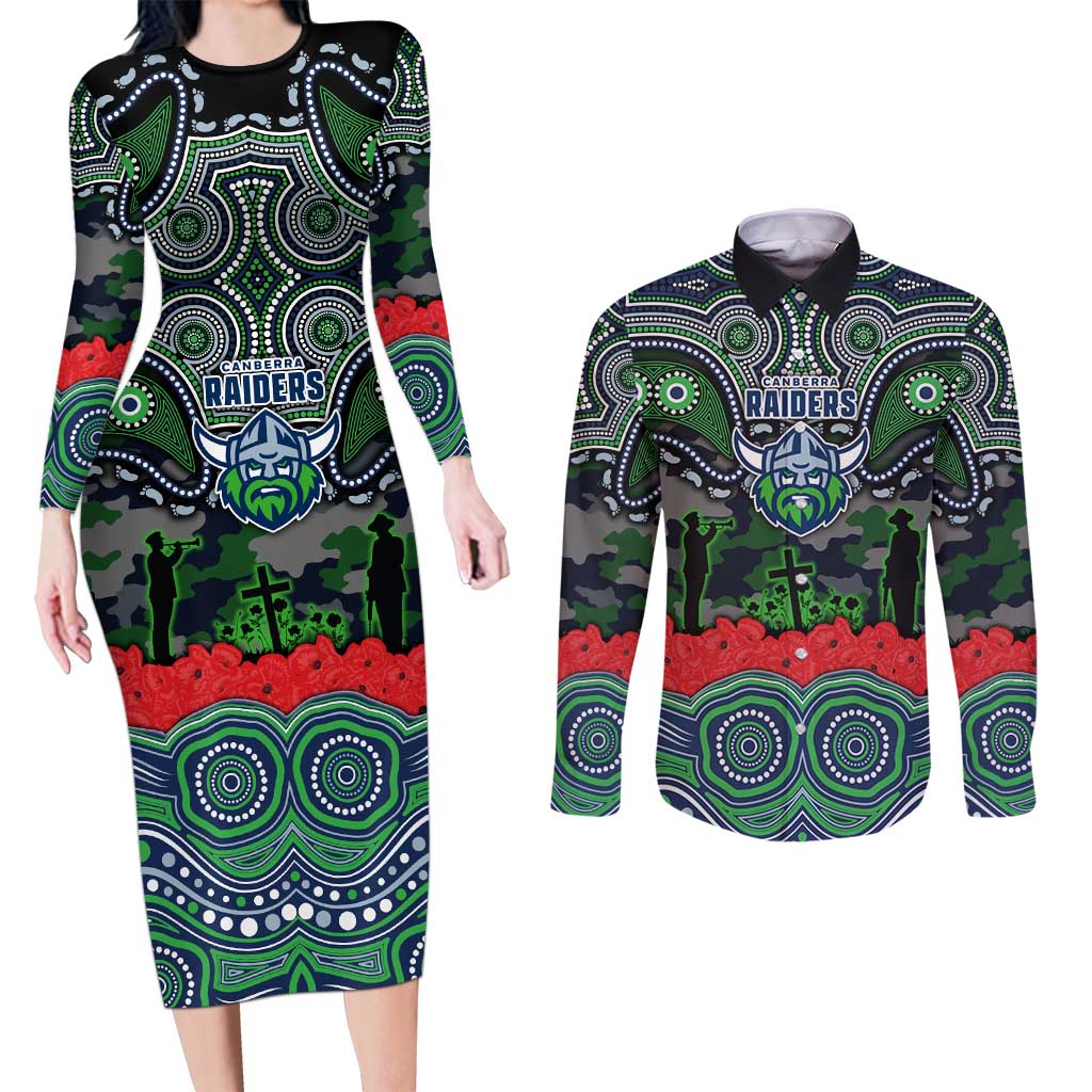 ANZAC Day Canberra Raiders Couples Matching Long Sleeve Bodycon Dress and Long Sleeve Button Shirt Military Memorial Aboriginal Indigenous Art