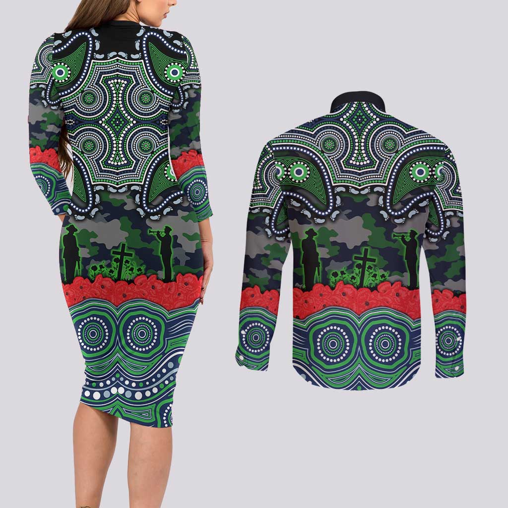 ANZAC Day Canberra Raiders Couples Matching Long Sleeve Bodycon Dress and Long Sleeve Button Shirt Military Memorial Aboriginal Indigenous Art