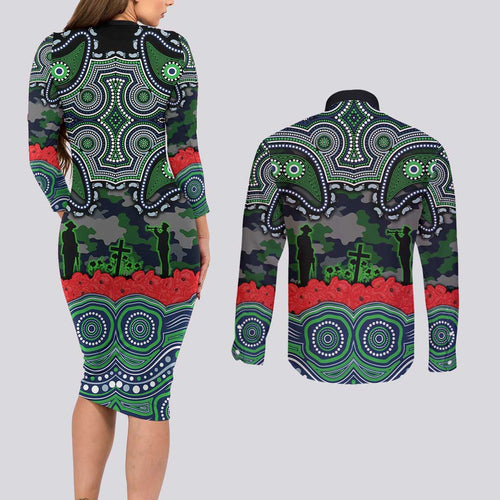 ANZAC Day Canberra Raiders Couples Matching Long Sleeve Bodycon Dress and Long Sleeve Button Shirt Military Memorial Aboriginal Indigenous Art