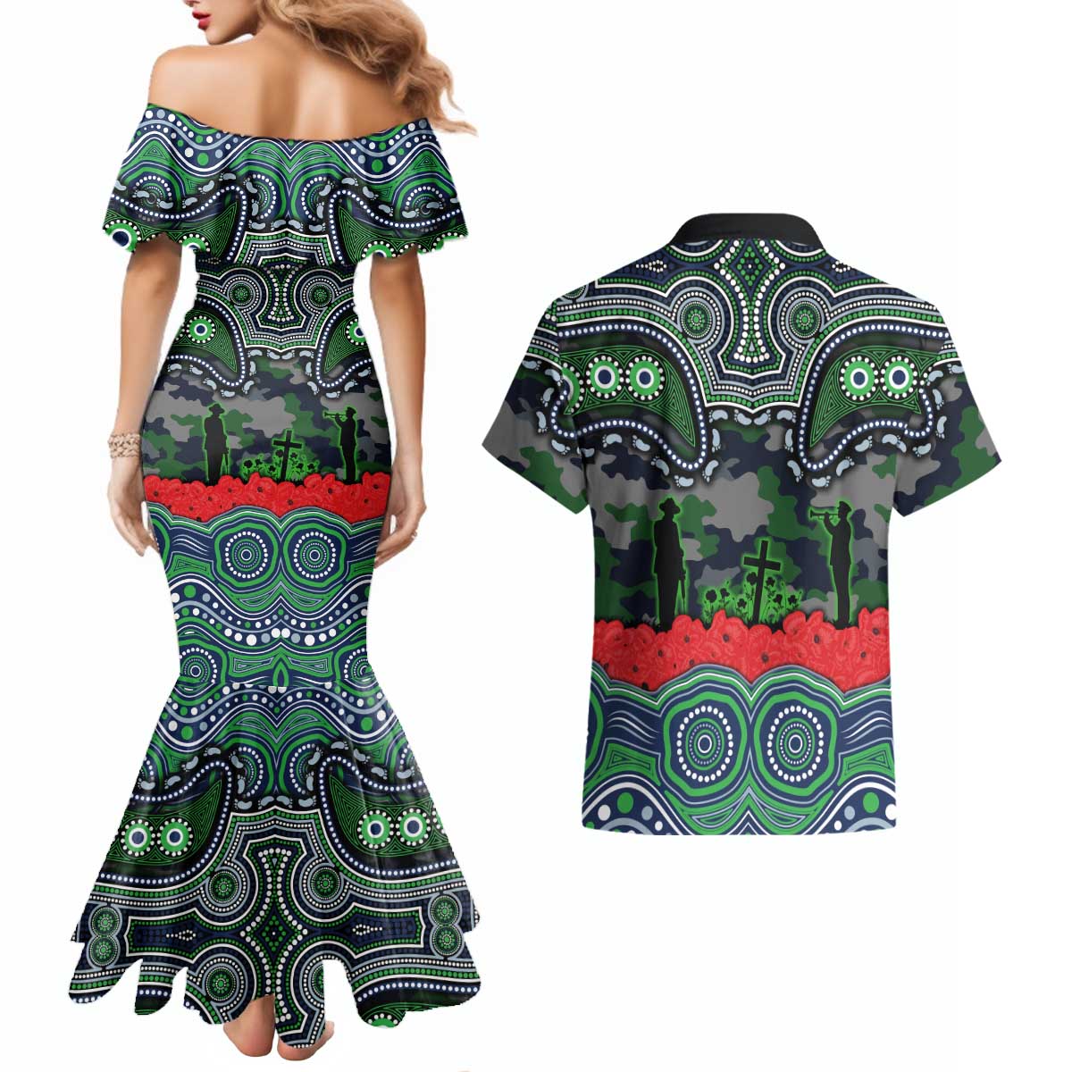 ANZAC Day Canberra Raiders Couples Matching Mermaid Dress and Hawaiian Shirt Military Memorial Aboriginal Indigenous Art