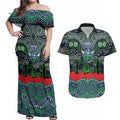 ANZAC Day Canberra Raiders Couples Matching Off Shoulder Maxi Dress and Hawaiian Shirt Military Memorial Aboriginal Indigenous Art