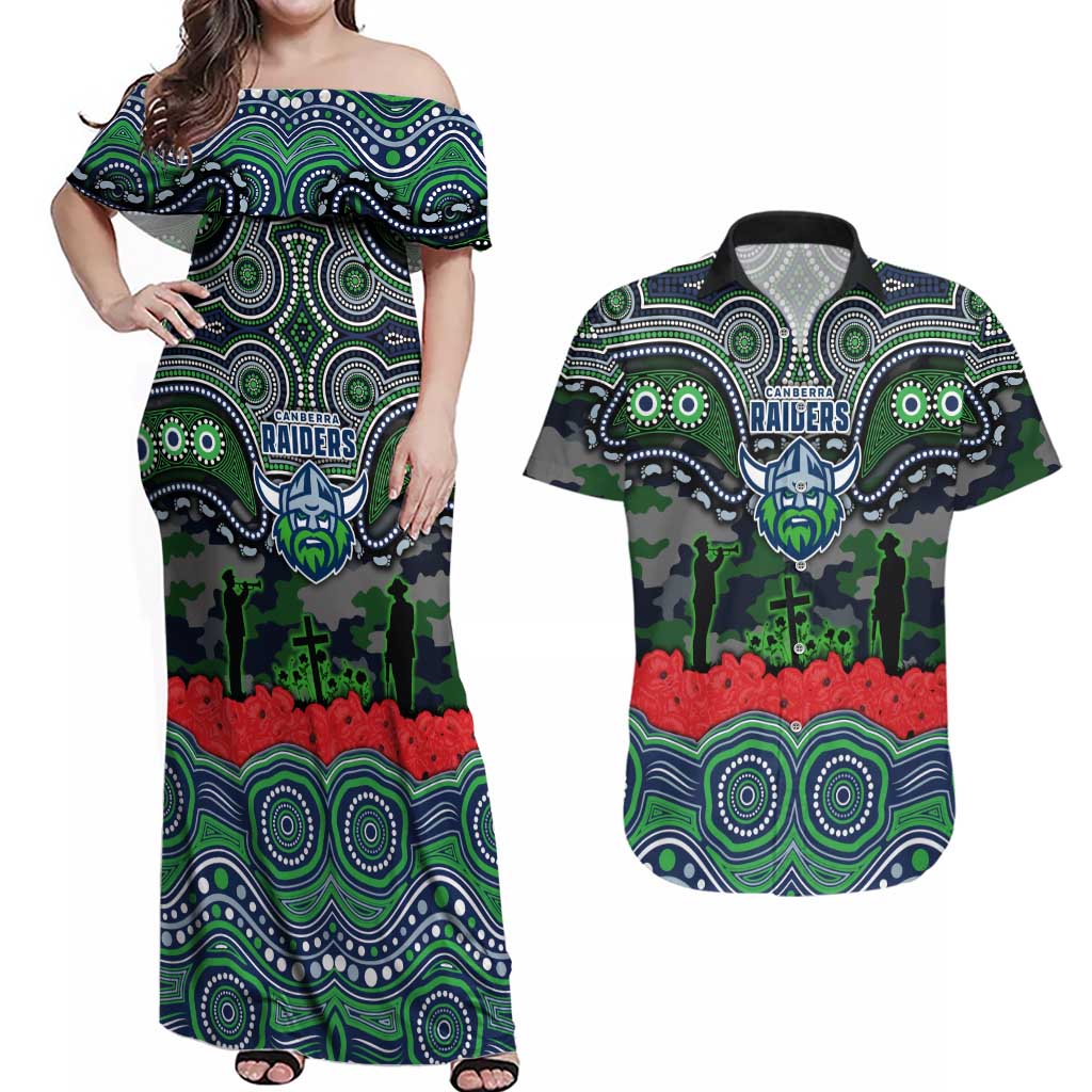 ANZAC Day Canberra Raiders Couples Matching Off Shoulder Maxi Dress and Hawaiian Shirt Military Memorial Aboriginal Indigenous Art