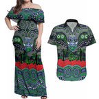 ANZAC Day Canberra Raiders Couples Matching Off Shoulder Maxi Dress and Hawaiian Shirt Military Memorial Aboriginal Indigenous Art