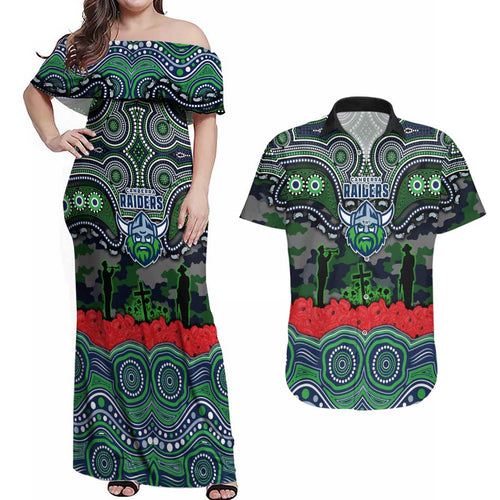 ANZAC Day Canberra Raiders Couples Matching Off Shoulder Maxi Dress and Hawaiian Shirt Military Memorial Aboriginal Indigenous Art