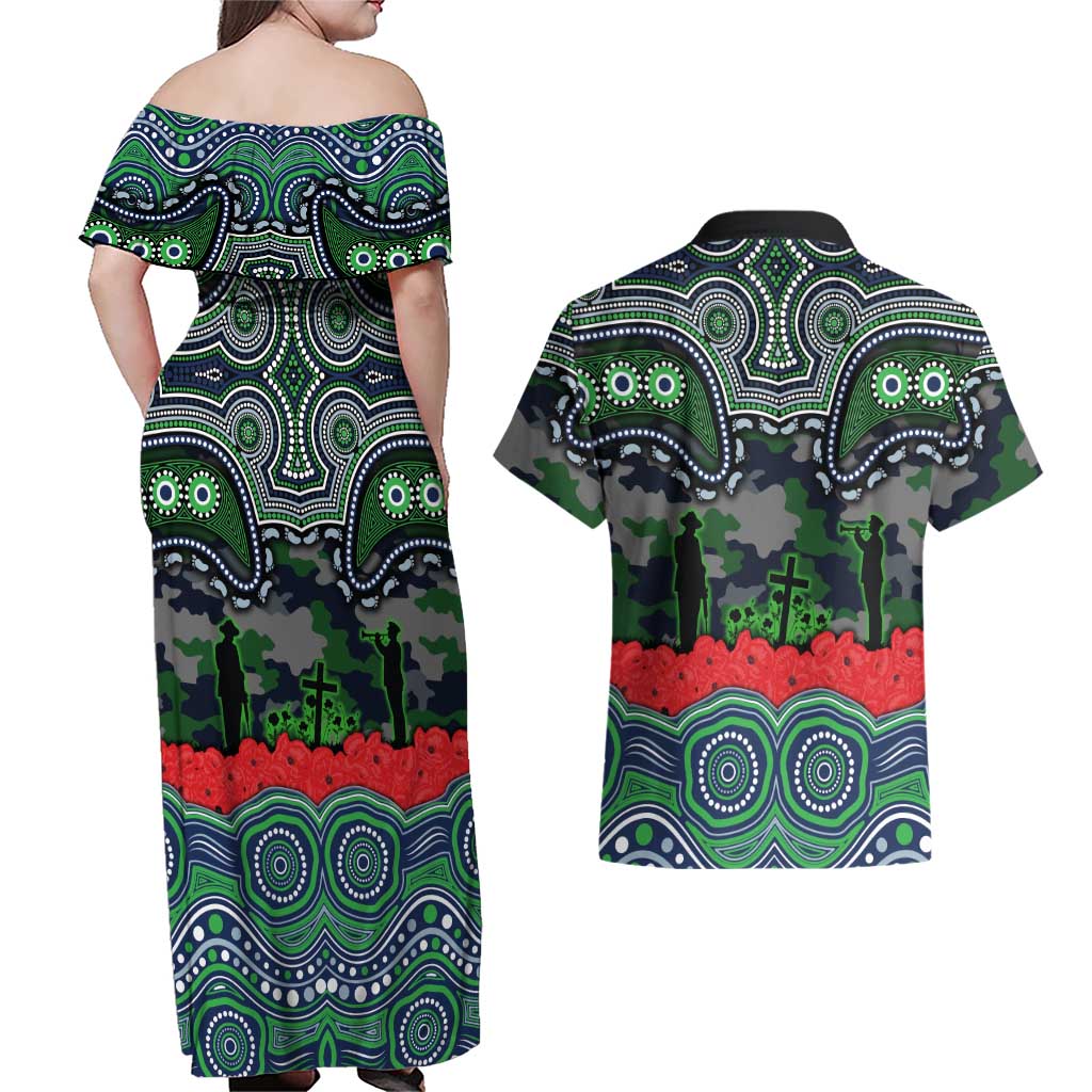 ANZAC Day Canberra Raiders Couples Matching Off Shoulder Maxi Dress and Hawaiian Shirt Military Memorial Aboriginal Indigenous Art