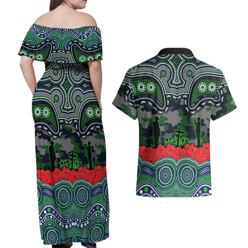 ANZAC Day Canberra Raiders Couples Matching Off Shoulder Maxi Dress and Hawaiian Shirt Military Memorial Aboriginal Indigenous Art