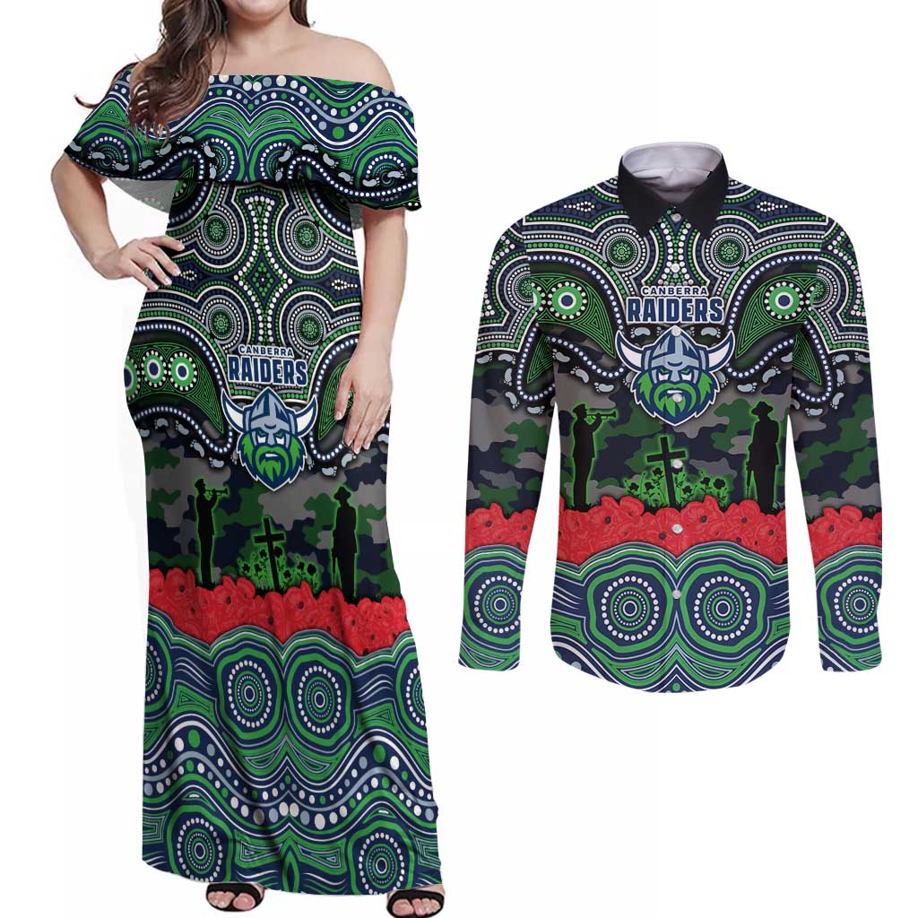ANZAC Day Canberra Raiders Couples Matching Off Shoulder Maxi Dress and Long Sleeve Button Shirt Military Memorial Aboriginal Indigenous Art