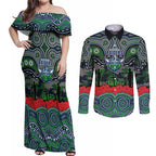 ANZAC Day Canberra Raiders Couples Matching Off Shoulder Maxi Dress and Long Sleeve Button Shirt Military Memorial Aboriginal Indigenous Art