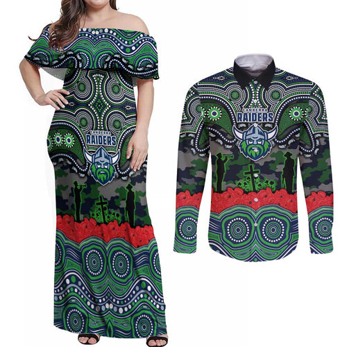 ANZAC Day Canberra Raiders Couples Matching Off Shoulder Maxi Dress and Long Sleeve Button Shirt Military Memorial Aboriginal Indigenous Art