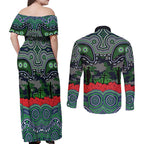 ANZAC Day Canberra Raiders Couples Matching Off Shoulder Maxi Dress and Long Sleeve Button Shirt Military Memorial Aboriginal Indigenous Art
