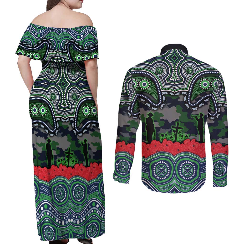 ANZAC Day Canberra Raiders Couples Matching Off Shoulder Maxi Dress and Long Sleeve Button Shirt Military Memorial Aboriginal Indigenous Art