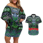 ANZAC Day Canberra Raiders Couples Matching Off Shoulder Short Dress and Hawaiian Shirt Military Memorial Aboriginal Indigenous Art