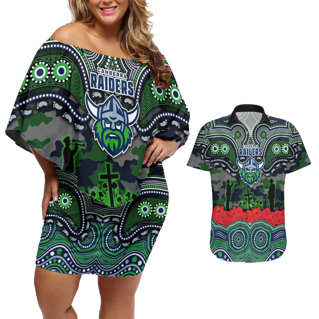 ANZAC Day Canberra Raiders Couples Matching Off Shoulder Short Dress and Hawaiian Shirt Military Memorial Aboriginal Indigenous Art