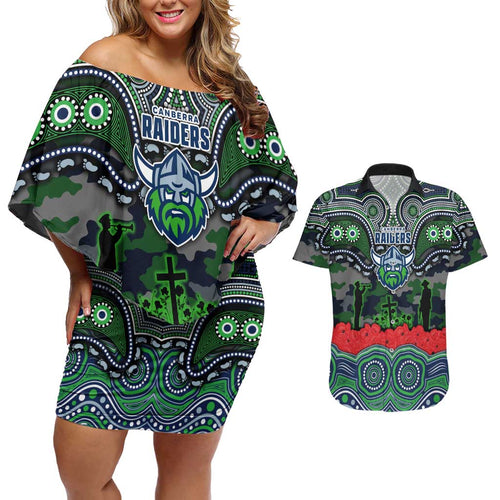ANZAC Day Canberra Raiders Couples Matching Off Shoulder Short Dress and Hawaiian Shirt Military Memorial Aboriginal Indigenous Art