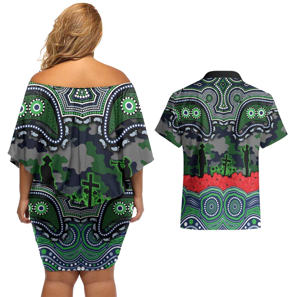 ANZAC Day Canberra Raiders Couples Matching Off Shoulder Short Dress and Hawaiian Shirt Military Memorial Aboriginal Indigenous Art
