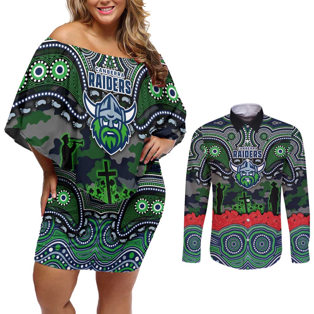 ANZAC Day Canberra Raiders Couples Matching Off Shoulder Short Dress and Long Sleeve Button Shirt Military Memorial Aboriginal Indigenous Art