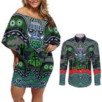 ANZAC Day Canberra Raiders Couples Matching Off Shoulder Short Dress and Long Sleeve Button Shirt Military Memorial Aboriginal Indigenous Art