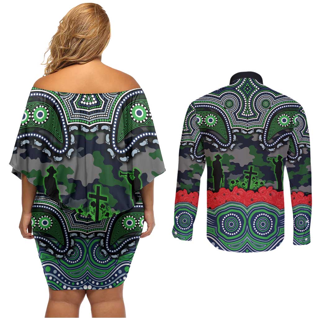 ANZAC Day Canberra Raiders Couples Matching Off Shoulder Short Dress and Long Sleeve Button Shirt Military Memorial Aboriginal Indigenous Art