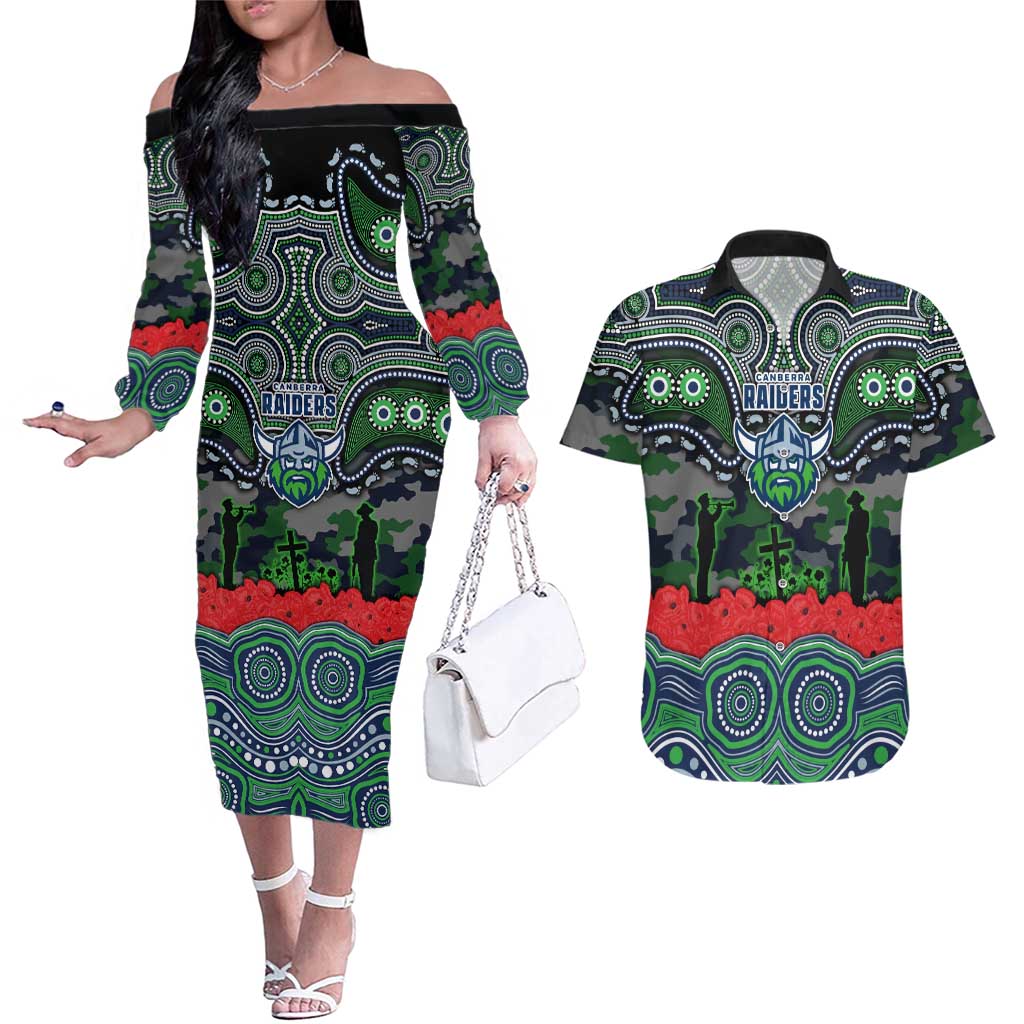 ANZAC Day Canberra Raiders Couples Matching Off The Shoulder Long Sleeve Dress and Hawaiian Shirt Military Memorial Aboriginal Indigenous Art