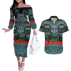 ANZAC Day Canberra Raiders Couples Matching Off The Shoulder Long Sleeve Dress and Hawaiian Shirt Military Memorial Aboriginal Indigenous Art
