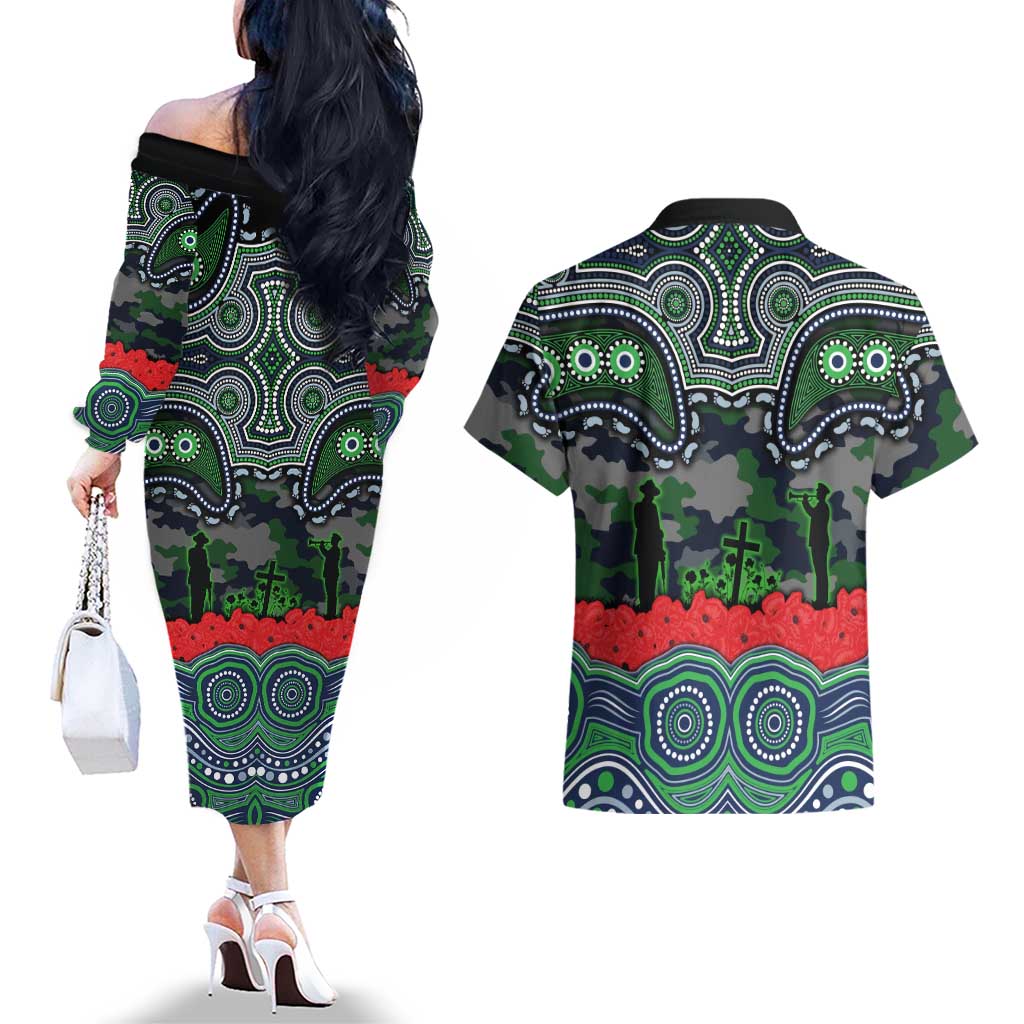 ANZAC Day Canberra Raiders Couples Matching Off The Shoulder Long Sleeve Dress and Hawaiian Shirt Military Memorial Aboriginal Indigenous Art