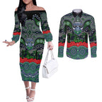 ANZAC Day Canberra Raiders Couples Matching Off The Shoulder Long Sleeve Dress and Long Sleeve Button Shirt Military Memorial Aboriginal Indigenous Art