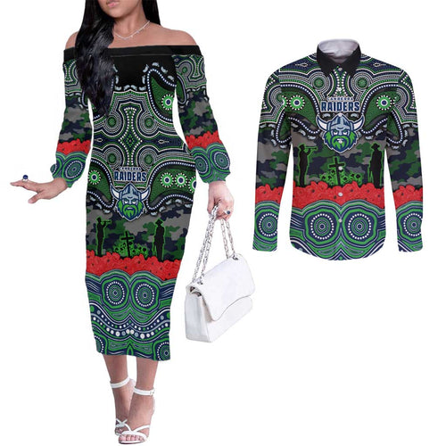 ANZAC Day Canberra Raiders Couples Matching Off The Shoulder Long Sleeve Dress and Long Sleeve Button Shirt Military Memorial Aboriginal Indigenous Art