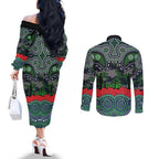 ANZAC Day Canberra Raiders Couples Matching Off The Shoulder Long Sleeve Dress and Long Sleeve Button Shirt Military Memorial Aboriginal Indigenous Art