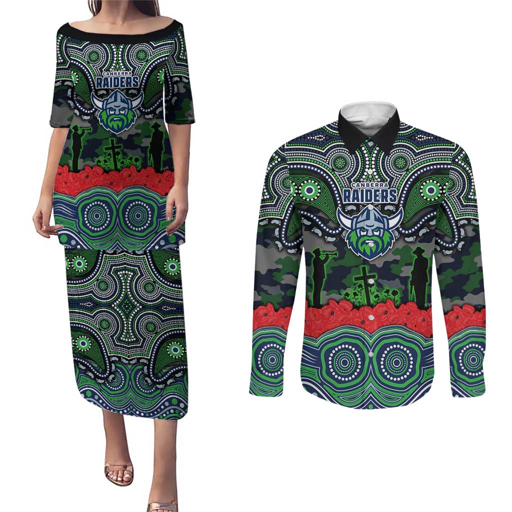 ANZAC Day Canberra Raiders Couples Matching Puletasi and Long Sleeve Button Shirt Military Memorial Aboriginal Indigenous Art